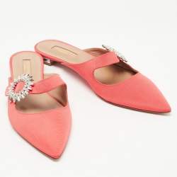 Pre Owned Aquazzura Coral Canvas Crystal Embellished Blossom Flat Mules Size 38