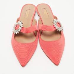 Pre Owned Aquazzura Coral Canvas Crystal Embellished Blossom Flat Mules Size 38