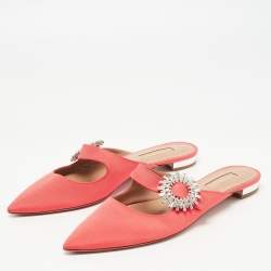 Pre Owned Aquazzura Coral Canvas Crystal Embellished Blossom Flat Mules Size 38