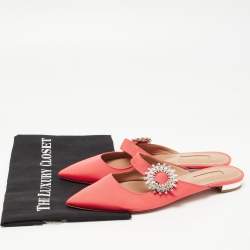 Pre Owned Aquazzura Coral Canvas Crystal Embellished Blossom Flat Mules Size 38