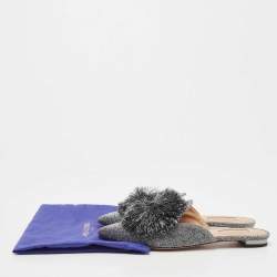 Pre Owned Aquazzura Silver Glitter Tropicana Pom Pom Mules Size 37  