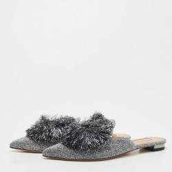 Pre Owned Aquazzura Silver Glitter Tropicana Pom Pom Mules Size 37  