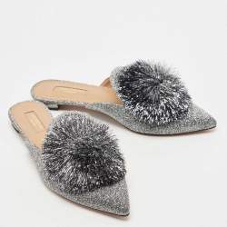 Pre Owned Aquazzura Silver Glitter Tropicana Pom Pom Mules Size 37  