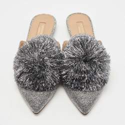 Pre Owned Aquazzura Silver Glitter Tropicana Pom Pom Mules Size 37  