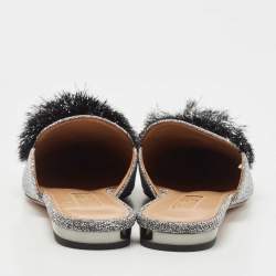 Pre Owned Aquazzura Silver Glitter Tropicana Pom Pom Mules Size 37  