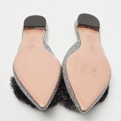 Pre Owned Aquazzura Silver Glitter Tropicana Pom Pom Mules Size 37  