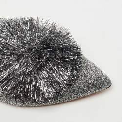 Pre Owned Aquazzura Silver Glitter Tropicana Pom Pom Mules Size 37  