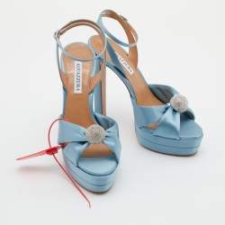 Pre Owned Aquazzura Blue Satin Yes Darling Crystal Embellished Platform Sandals Size 39.5
