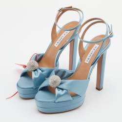 Pre Owned Aquazzura Blue Satin Yes Darling Crystal Embellished Platform Sandals Size 39.5