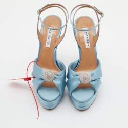 Pre Owned Aquazzura Blue Satin Yes Darling Crystal Embellished Platform Sandals Size 39.5