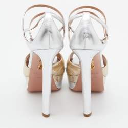 مملوكة مسبقًا Aquazzura Gold /Silver Suede and Watersnake Leather La Di Da Platform Sandals Size 39