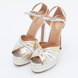 مملوكة مسبقًا Aquazzura Gold /Silver Suede and Watersnake Leather La Di Da Platform Sandals Size 39