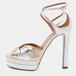 مملوكة مسبقًا Aquazzura Gold /Silver Suede and Watersnake Leather La Di Da Platform Sandals Size 39