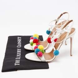 مملوكة مسبقًا Aquazzura Multicolor Canvas Tropicana Pom Pom Ankle Wrap Sandals Size 38.5