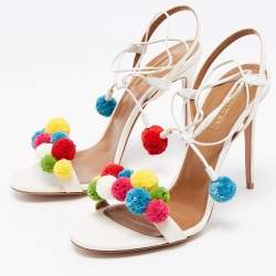 مملوكة مسبقًا Aquazzura Multicolor Canvas Tropicana Pom Pom Ankle Wrap Sandals Size 38.5