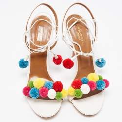 مملوكة مسبقًا Aquazzura Multicolor Canvas Tropicana Pom Pom Ankle Wrap Sandals Size 38.5
