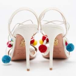 مملوكة مسبقًا Aquazzura Multicolor Canvas Tropicana Pom Pom Ankle Wrap Sandals Size 38.5