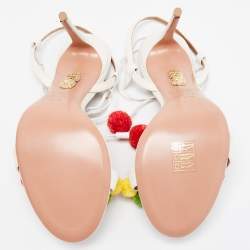 مملوكة مسبقًا Aquazzura Multicolor Canvas Tropicana Pom Pom Ankle Wrap Sandals Size 38.5