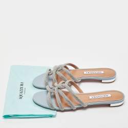 Pre Owned Aquazzura Blue Leather Crystal Embellished Moondust Flat Slides Size 38.5