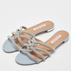 Pre Owned Aquazzura Blue Leather Crystal Embellished Moondust Flat Slides Size 38.5