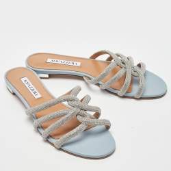Pre Owned Aquazzura Blue Leather Crystal Embellished Moondust Flat Slides Size 38.5