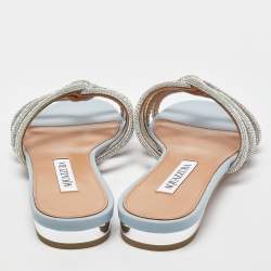 Pre Owned Aquazzura Blue Leather Crystal Embellished Moondust Flat Slides Size 38.5