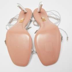 Pre Owned Aquazzura Silver Leather Crystal Embellished Rock Chic Ankle Strap Sandals Size 39.5