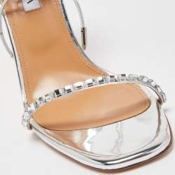 Pre Owned Aquazzura Silver Leather Crystal Embellished Rock Chic Ankle Strap Sandals Size 39.5