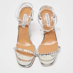 Pre Owned Aquazzura Silver Leather Crystal Embellished Rock Chic Ankle Strap Sandals Size 39.5