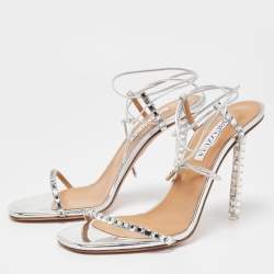 Pre Owned Aquazzura Silver Leather Crystal Embellished Rock Chic Ankle Strap Sandals Size 39.5