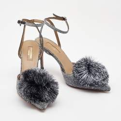 Pre Owned Aquazzura Silver Lurex Fabric Powder Puff Ankle Strap Pumps Size 38