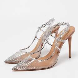 Pre Owned Aquazzura Transparent Crystal Embellished PVC Heaven Slingback Pumps Size 38.5