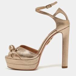 Pre Owned Aquazzura Metallic Brown Leather Bow Platform Ankle Wrap Sandals Size 38.5