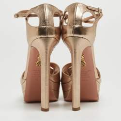 Pre Owned Aquazzura Metallic Brown Leather Bow Platform Ankle Wrap Sandals Size 38.5