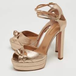 Pre Owned Aquazzura Metallic Brown Leather Bow Platform Ankle Wrap Sandals Size 38.5