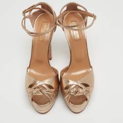 Pre Owned Aquazzura Metallic Brown Leather Bow Platform Ankle Wrap Sandals Size 38.5