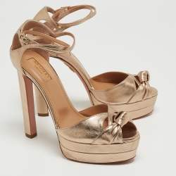 Pre Owned Aquazzura Metallic Brown Leather Bow Platform Ankle Wrap Sandals Size 38.5
