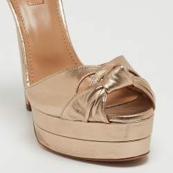 Pre Owned Aquazzura Metallic Brown Leather Bow Platform Ankle Wrap Sandals Size 38.5