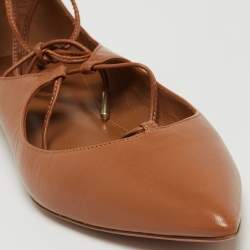 Pre Owned Aquazzura Brown Leather Christy Ankle Tie Flats Size 39.5