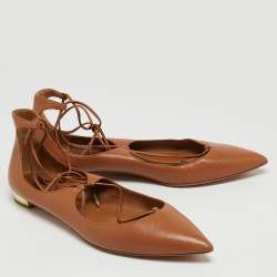 Pre Owned Aquazzura Brown Leather Christy Ankle Tie Flats Size 39.5