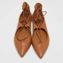 Pre Owned Aquazzura Brown Leather Christy Ankle Tie Flats Size 39.5