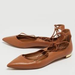 Pre Owned Aquazzura Brown Leather Christy Ankle Tie Flats Size 39.5