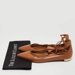Pre Owned Aquazzura Brown Leather Christy Ankle Tie Flats Size 39.5