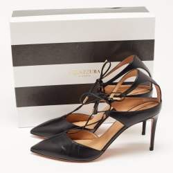 Pre Owned Aquazzura Black Leather Pointed Toe Ankle Strap Pumps Size 42