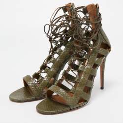 Aquazzura Green Python Amazon Lace Up Open Toe Sandals Size 41