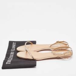 Pre Owned Aquazzura Gold Crystal Embellished Leather Mini Tequila Flat Sandals Size 40