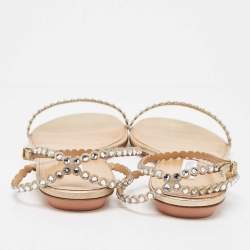 Pre Owned Aquazzura Gold Crystal Embellished Leather Mini Tequila Flat Sandals Size 40