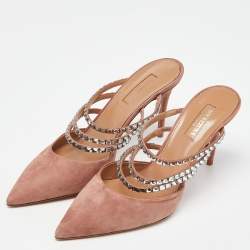 Pre Owned Aquazzura Pink Suede Crystal Embellished Donata Mules Size 38