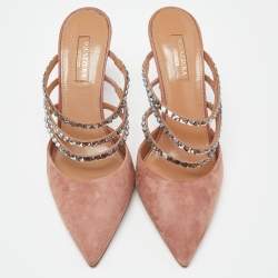 Pre Owned Aquazzura Pink Suede Crystal Embellished Donata Mules Size 38