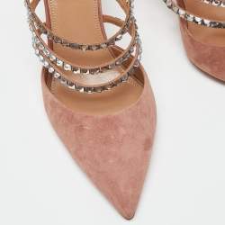 Pre Owned Aquazzura Pink Suede Crystal Embellished Donata Mules Size 38